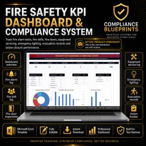 May include: A laptop displays a fire safety KPI dashboard with charts and data. The screen shows a spreadsheet with metrics for fire alarm tests, drills, and evacuation records. The image includes icons for various fire safety logs and features.