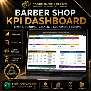 May include: A laptop displays a "Barber Shop KPI Dashboard" with data visualizations. The screen shows key performance indicators, including appointments, revenue, and compliance metrics. The image also includes icons for dashboard, KPI register, action tracker, cleaning & hygiene, and an Excel spreadsheet.
