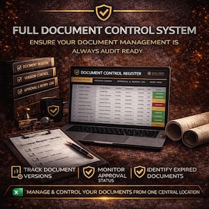 Puede incluir: Anuncio de un sistema completo de control de documentos. La imagen presenta un portátil que muestra un registro de documentos, carpetas de documentos, una taza de café y un portapapeles con un bolígrafo. El texto incluye "Seguir las versiones de los documentos".