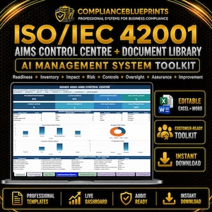 Op de afbeelding: Een digitale toolkit voor ISO/IEC 42001 AI-managementsystemen, met een laptop die een dashboard met grafieken en gegevenstabellen weergeeft. De afbeelding bevat gouden tekst op een zwarte achtergrond en benadrukt bewerkbare bestanden.