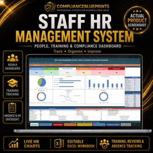 May include: A digital Staff HR Management System dashboard displayed on a laptop screen. The interface features data visualisations including pie charts, bar graphs, and a radar chart, alongside tables for tracking employee metrics, training, and compliance.