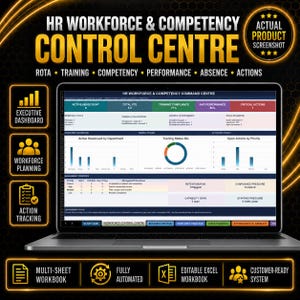 Könnte beinhalten: Ein Laptop-Bildschirm, der ein HR Workforce & Competency Control Centre Dashboard mit Datenvisualisierungen anzeigt, einschließlich Balkendiagrammen und einem Ringdiagramm, sowie Textbeschriftungen für Rota, Training, Competency, Performance, Absence und Actions.