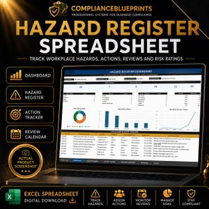 Puede incluir: Una computadora portátil muestra una hoja de cálculo titulada "HAZARD REGISTER SPREADSHEET". La pantalla muestra visualizaciones de datos, gráficos y tablas. La imagen incluye iconos para el panel, el registro de riesgos, el rastreador de acciones y el calendario de revisión.