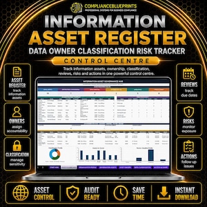 Peut inclure: Un registre numérique des actifs d'information et un outil de suivi des risques de classification des propriétaires de données affichés sur un écran d'ordinateur portable. L'interface présente des tableaux, des graphiques et des indicateurs.