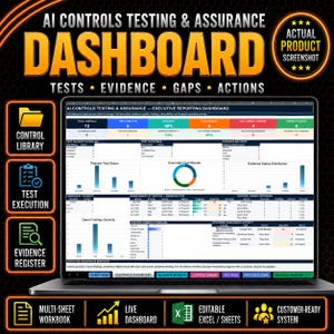 Puede incluir: Un ordenador portátil que muestra un panel de control de pruebas y aseguramiento de IA con tablas de datos, gráficos de barras y un gráfico circular. La pantalla presenta métricas de entrega de pruebas, resultados y madurez de evidencia.