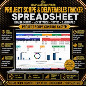 May include: A digital project scope and deliverables tracker spreadsheet displayed on a laptop screen. The interface features a dashboard with data tables, bar charts, and a donut chart for tracking requirements, status, and acceptance workflows.