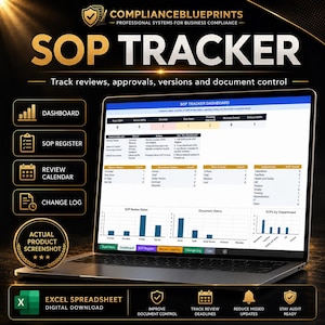 SOP Tracker Excel-mall för efterlevnadsregister för standardiserade operativa procedurer och dokumentgranskningslogg