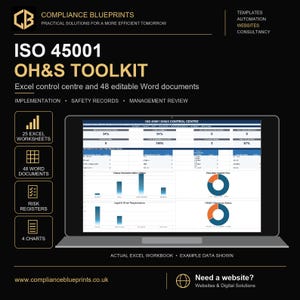Op de afbeelding: Een zwart digitaal display met de ISO 45001 OH&S Toolkit met 25 Excel-werkbladen, 48 Word-documenten, risicoregisters en 4 grafieken. Een laptopscherm toont een Excel-controlecentrumdashboard met gegevenstabellen, staafdiagrammen en cirkeldiagrammen.
