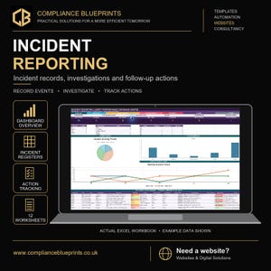 Peut inclure: Un affichage numérique d'un classeur Excel de rapport d'incident sur un écran d'ordinateur portable. L'interface présente un tableau de bord, des registres d'incidents et un suivi des actions avec des graphiques et des tableaux.