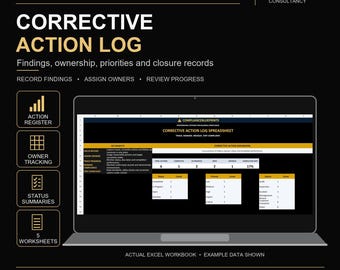 May include: A digital Corrective Action Log spreadsheet displayed on a laptop screen. The interface features a dashboard with action tracking, status summaries, and key benefits. Text includes Compliance Blueprints, Action Register, Owner Tracking, and 5 Worksheets.