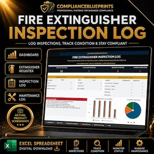 May include: A digital fire extinguisher inspection log displayed on a laptop screen, featuring a dashboard with data tables, bar charts, and a pie chart. The interface includes sections for total extinguishers, inspection status, and location tracking.