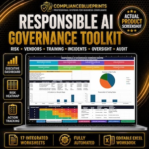 May include: A digital product display for the Responsible AI Governance Toolkit, featuring a laptop screen showing an Excel dashboard with charts, tables, and metrics. Text includes ComplianceBlueprints, Executive Dashboard, Risk Heatmap, and Action Tracking.