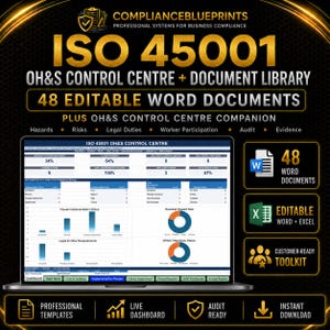 Op de afbeelding: Een digitaal dashboard voor het ISO 45001 OH&S Control Centre op een laptopscherm, met grafieken, tabellen en statistieken. De afbeelding bevat de tekst: COMPLIANCEBLUEPRINTS, ISO 45001, 48 EDITABLE WORD DOCUMENTS en OH&S CONTROL CENTRE.