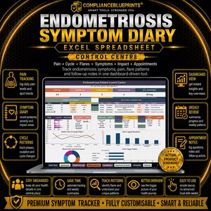 May include: An Endometriosis Symptom Diary Excel spreadsheet displayed on a laptop screen. The interface features a dashboard with charts, graphs, and tables for tracking pain levels, cycle patterns, symptoms, and medical appointments in a digital format.