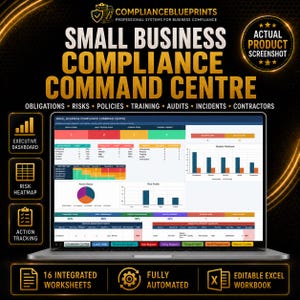Könnte beinhalten: Ein Laptop zeigt das Small Business Compliance Command Centre Dashboard mit Datentabellen, Balkendiagrammen und einer Risiko-Heatmap. Der Bildschirm enthält Abschnitte zu Verpflichtungen, Risiken, Richtlinien, Schulungen, Audits und Vorfällen.