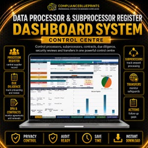 May include: A laptop displaying a Data Processor & Subprocessor Register Dashboard System. The screen shows data tables, a pie chart, and a bar graph. Surrounding the laptop are text labels for processor register, due diligence, and contracts.