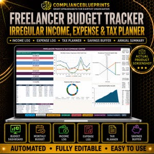 May include: A digital freelancer budget tracker spreadsheet displayed on a laptop screen. The interface features a financial command center with line graphs, a pie chart, and data tables for income, expenses, tax planning, and savings buffer tracking.
