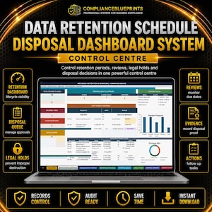 May include: A laptop displaying the Data Retention Schedule Disposal Dashboard System. The screen shows a records retention command board with data tables, charts, and a storage mix graph. Surrounding icons represent retention, disposal, and legal holds.