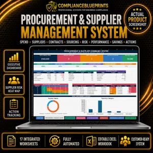 May include: A laptop displaying the Procurement & Supplier Management System, featuring an executive dashboard with data tables, charts, and metrics for spend, supplier status, and risk. The interface includes tabs for command center, registers, and scorecards.