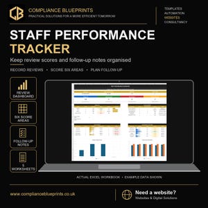 May include: A digital staff performance tracker template displayed on a laptop screen. The interface features a dashboard with review scores, six evaluation areas, follow-up notes, and five worksheets. Text includes Compliance Blueprints and Staff Performance Tracker.