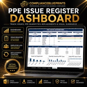 May include: A laptop displaying a PPE Issue Register Dashboard spreadsheet with tables, charts, and data columns. The screen shows sections for total issues, employee records, and replacement tracking. The background is black with gold text and icons.