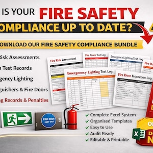 Puede incluir: Imagen promocional para el cumplimiento de la seguridad contra incendios. Incluye una alarma contra incendios, un extintor y varios documentos. El texto dice: "¿ESTÁ AL DÍA SU CUMPLIMIENTO DE SEGURIDAD CONTRA INCENDIOS?" y "DESCARGUE NUESTRO PAQUETE DE CUMPLIMIENTO DE SEGURIDAD CONTRA INCENDIOS."