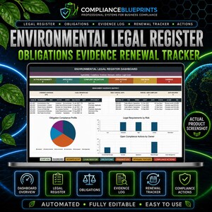 May include: A digital dashboard titled Environmental Legal Register displaying compliance data, obligation profiles, and risk charts. The interface includes navigation tabs for legal registers, evidence logs, and renewal trackers for business systems.