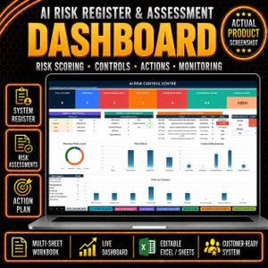 Könnte beinhalten: Ein Laptop-Bildschirm zeigt ein KI-Risikoregister- und Bewertungs-Dashboard mit Datentabellen, Balkendiagrammen und einem kreisförmigen Risikostatus-Diagramm. Die Benutzeroberfläche enthält Bereiche für Risikobewertung, Kontrollen und Überwachung.
