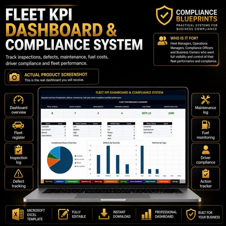 Fleet KPI Dashboard and Compliance System Excel Spreadsheet Vehicle ...