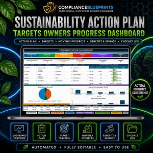 Può includere: Una dashboard digitale per il piano d'azione di sostenibilità visualizzata su uno schermo di un portatile. L'interfaccia presenta grafici, barre di avanzamento e registri di gestione per monitorare obiettivi, progressi mensili e prove.