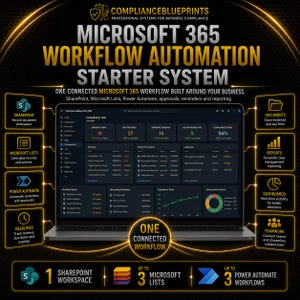 Puede incluir: Un gráfico digital para un sistema de inicio de automatización de flujo de trabajo de Microsoft 365. El centro muestra la pantalla de una computadora portátil con un panel de cumplimiento. Los iconos y el texto detallan funciones como SharePoint, Microsoft Lists, Power Automate, documentos, informes, paneles y trabajo en equipo.