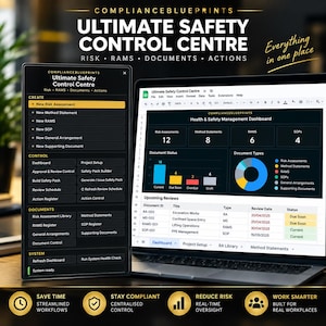May include: A digital health and safety management dashboard titled Ultimate Safety Control Centre displayed on a laptop screen and a mobile device, featuring data charts, document status bars, and a list of upcoming reviews with dates.