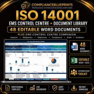 Pode incluir: Um painel digital para o Centro de Controlo ISO 14001 EMS num ecrã de portátil, com gráficos e tabelas de monitorização. A imagem inclui texto sobre 48 documentos Word editáveis, ficheiros Excel e um kit de ferramentas pronto a utilizar.