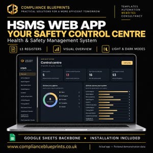 Könnte beinhalten: Ein Laptop mit der HSMS-Webanwendung, einem System für Gesundheits- und Sicherheitsmanagement. Der Bildschirm zeigt ein Kontrollzentrum-Dashboard mit Aktionszählern, einem Kreisdiagramm und horizontalen Balkendiagrammen.
