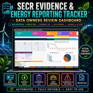 Puede incluir: Un portátil que muestra el panel de control SECR Evidence & Energy Reporting Tracker. La pantalla presenta tablas de datos, un gráfico lineal de tendencias energéticas mensuales, un gráfico de barras de costes y un gráfico circular.