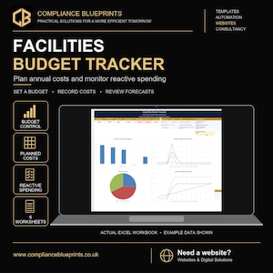 May include: A digital Facilities Budget Tracker spreadsheet displayed on a laptop screen. The interface features bar charts, a pie chart, and line graphs for budget control, planned costs, and reactive spending with six worksheets.