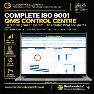 Op de afbeelding: Een laptopscherm toont het Complete ISO 9001 QMS Control Centre, een Excel-beheersysteem met 48 bewerkbare Word-documenten. De interface bevat een executive dashboard, clausulegereedheid en grafieken voor risico's en acties.