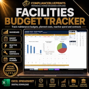 以下が含まれることがあります： ラップトップには、「FACILITIES BUDGET TRACKER」というタイトルのExcelスプレッドシートが表示されています。画面には、ダッシュボード、予算プランナー、リアクティブログ、サービス契約、年間プランナーなど、予算計画のグラフとデータが表示されます。デジタルダウンロード。