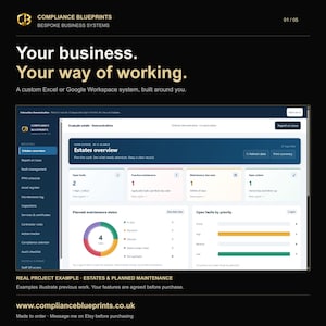 May include: A digital interface for Compliance Blueprints showing an Estates overview dashboard. The screen displays data cards for open faults, maintenance, and actions, alongside a circular status chart and a horizontal bar graph for fault priority.
