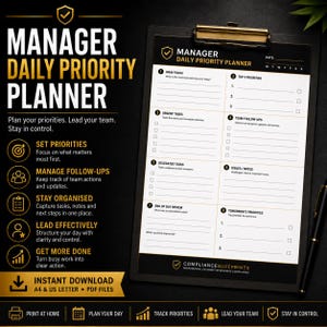 Op de afbeelding: Een zwart klembord met een Manager Daily Priority Planner. De planner bevat secties voor hoofdfocus, dringende taken, gedelegeerde taken en eindejaarsbeoordeling. De tekst op het klembord luidt "Direct downloaden A4 & US Letter PDF-bestanden."