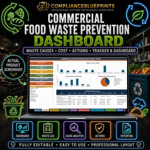 Commercial Food Waste Dashboard Excel | Waste Causes Cost Prevention Actions Tracker | Hospitality Sustainability Spreadsheet