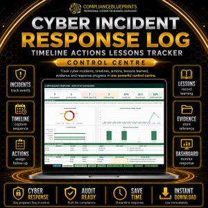 Op de afbeelding: Een digitaal Cyber Incident Response Log dashboard weergegeven op een laptopscherm. De interface bevat grafieken, incidentregistratie en statusstatistieken. Rondom het scherm staan goudkleurige iconen en tekstlabels voor het bijhouden van incidenten, tijdlijnen, acties, lessen en bewijsmateriaal voor zakelijke compliance.