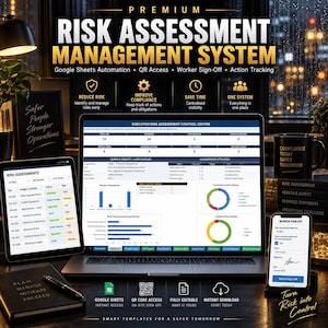 Op de afbeelding: Een digitaal risicobeoordelingsbeheersysteem weergegeven op een laptop, tablet en smartphone. De schermen tonen datadashboards, grafieken en formulieren voor werknemersondertekening. Tekst bevat Premium Risk Assessment Management System en Safer People Stronger Operations.