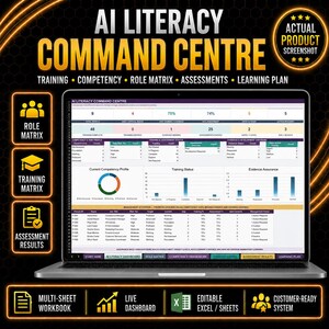 Könnte beinhalten: Ein Laptop zeigt das AI Literacy Command Centre Dashboard mit Datentabellen, einem Ringdiagramm und Balkendiagrammen zur Nachverfolgung von Schulungen, Kompetenzen und Rollenmatrizen. Der Bildschirm enthält Textüberschriften wie Training, Competency, Role Matrix, Assessments und Learning Plan.