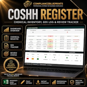 Puede incluir: Una pantalla de portátil muestra un panel de control "COSHH REGISTER" con tablas de datos y gráficos. La pantalla muestra información de inventario de productos químicos, registro de SDS y seguimiento de revisiones. El texto "MICROSOFT EXCEL TEMPLATE" está incluido.