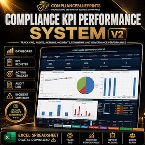 May include: A digital Compliance KPI Performance System V2 displayed on a laptop screen, featuring a dashboard with charts, graphs, and data tables. The interface includes sections for a KPI register, action tracker, audit log, and incident summary.