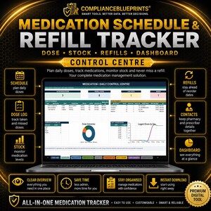May include: A digital medication schedule and refill tracker displayed on a laptop screen. The interface features a dashboard with active medications, dose logs, stock levels, and refill status, surrounded by gold-toned informational icons.