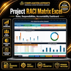 May include: A digital Project RACI Matrix Excel dashboard displayed on a laptop screen, featuring data tables, bar charts, and a pie chart for tracking roles, responsibilities, and accountability. The interface includes tabs for setup, registers, and logs.