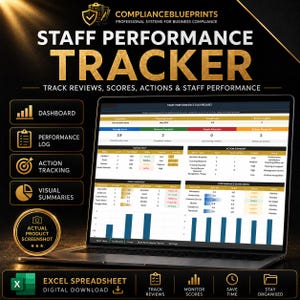 May include: A laptop displays a "Staff Performance Tracker" dashboard, showcasing data visualization. The screen shows charts, graphs, and tables for tracking reviews, scores, actions, and staff performance. The image includes the text "Excel Spreadsheet Digital Download."