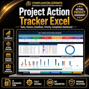 May include: A laptop screen displaying the Project Action Tracker Excel dashboard with data tables, a donut chart, and bar graphs. The interface includes sections for action control, owner workload, and deadline control with 10 integrated tabs.